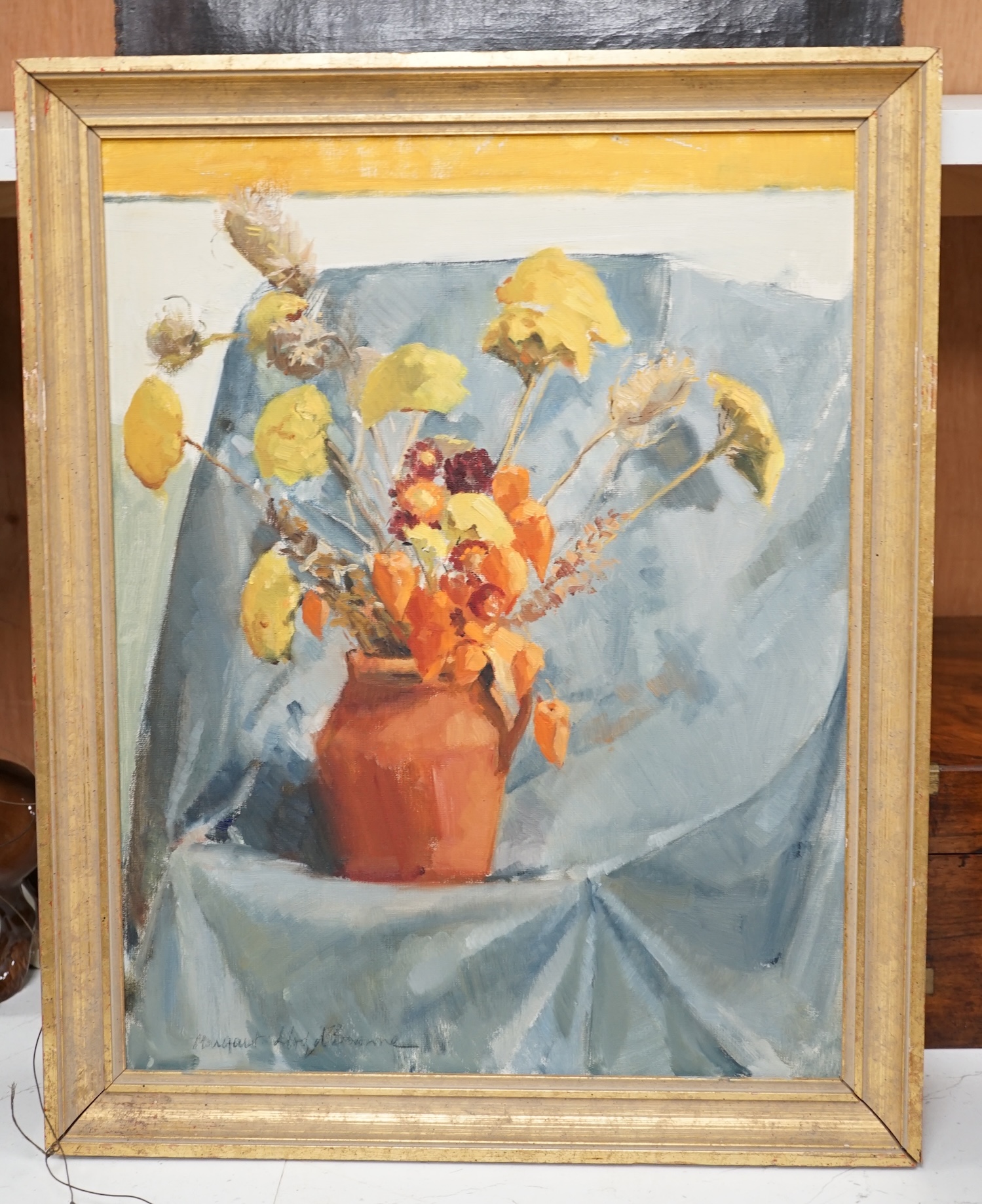 Margaret Lloyd Browne, oil on board, Still life of flowers in a vase, 'Autumn Gold', signed, details verso, 44 x 34cm. Condition - good